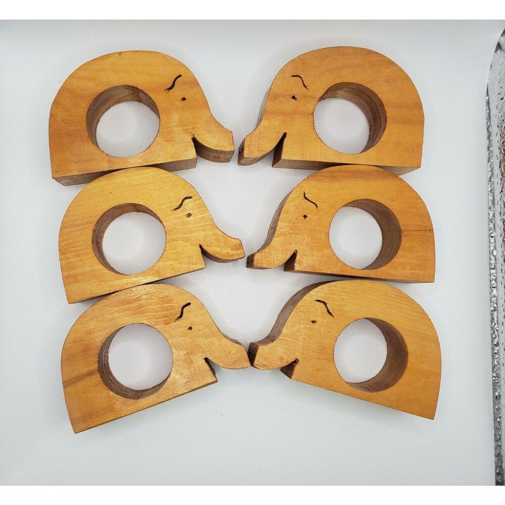 Wood Carved Elephant Napkin Rings Holders 6 pc set Boho Kitschy Kitchen Dinning